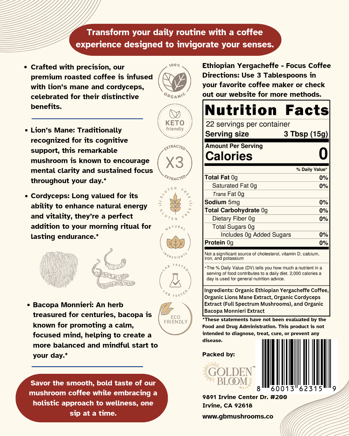 Organic Ethiopian Yergacheffe Medium Roast Coffee with Lions Mane Mushrooms