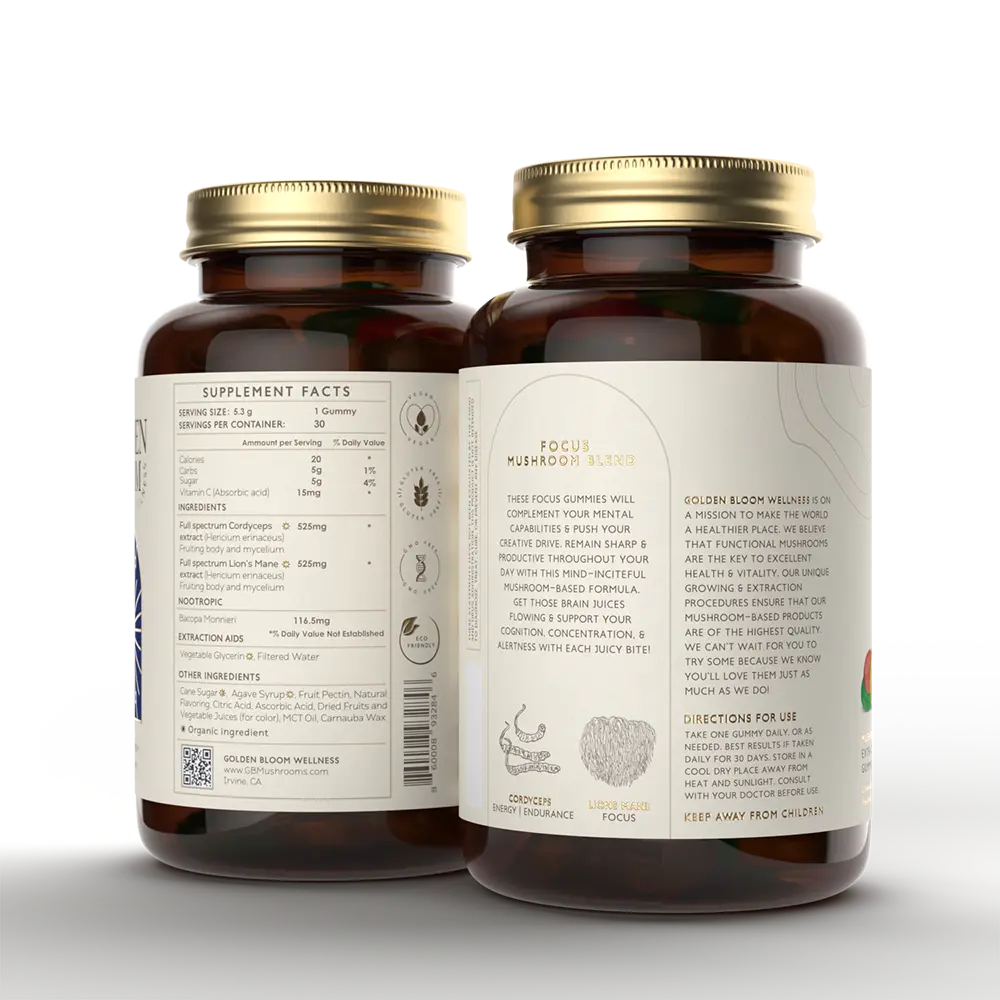 Premium Lions Mane + Cordyceps Mushroom Gummies (Focus)