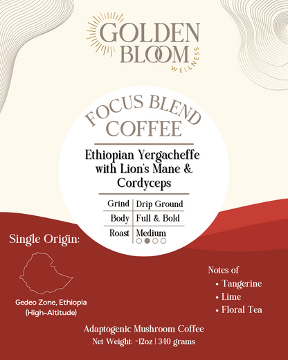 Organic Ethiopian Yergacheffe Medium Roast Coffee with Lions Mane Mushrooms