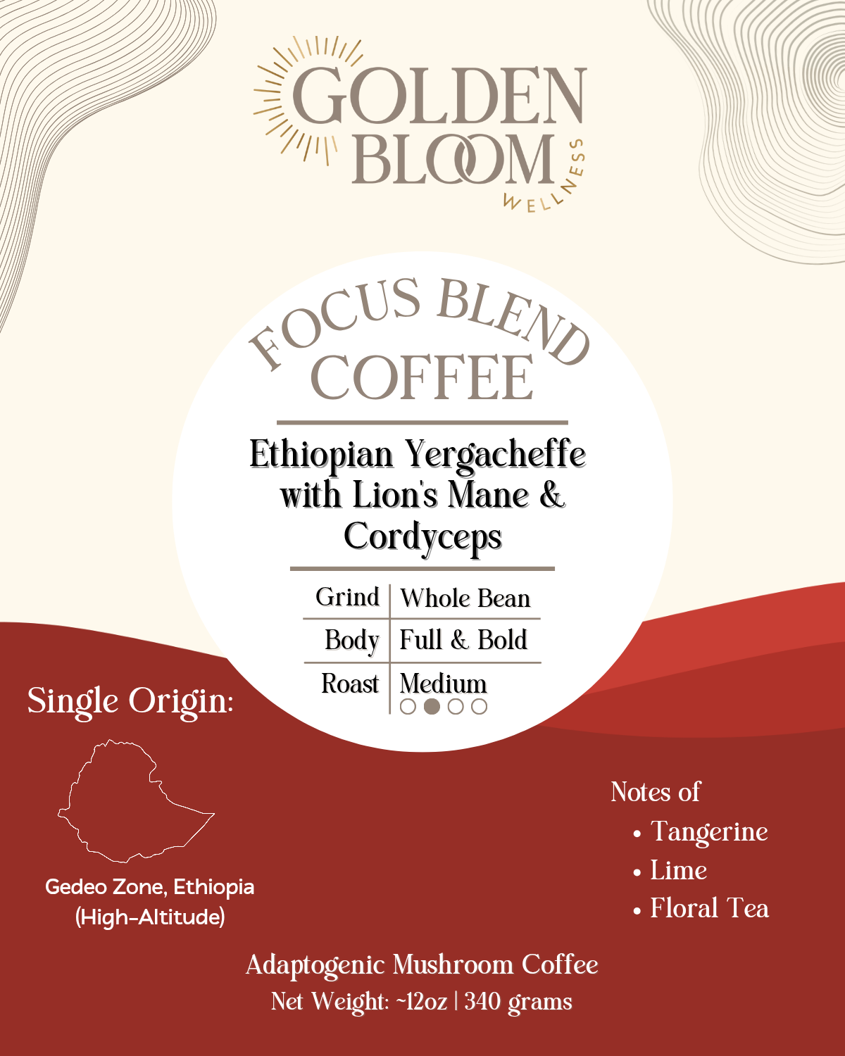 Organic Ethiopian Yergacheffe Medium Roast Coffee with Lions Mane Mushrooms